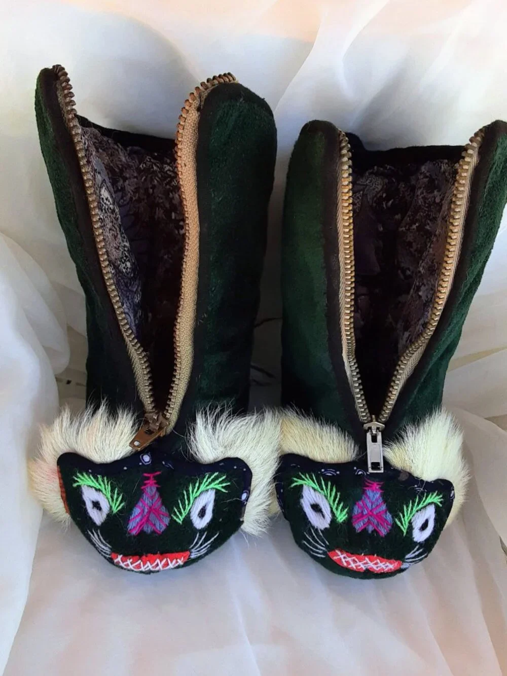 Vintage Chinese Forest Green Velvet Embroidered Dragon Toddler Baby Bootie Boots